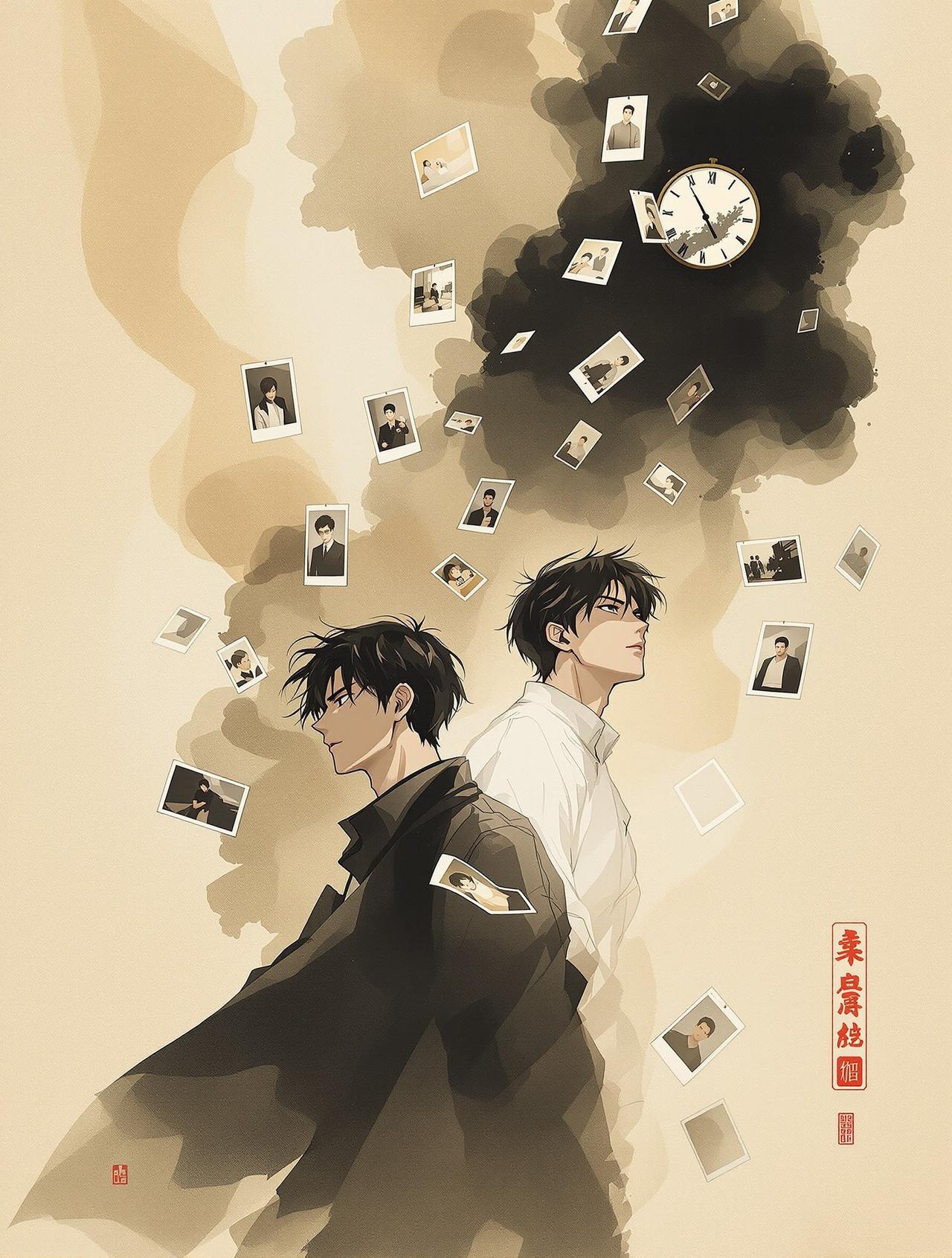 繁花漫画复古水墨封面：两个现代西装男性背影
