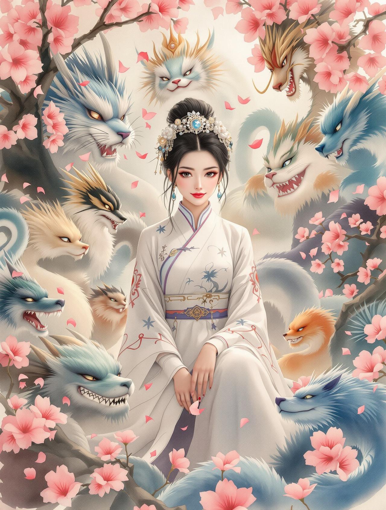 繁花漫画樱花仙侠封面：古装白裙女子与神兽群